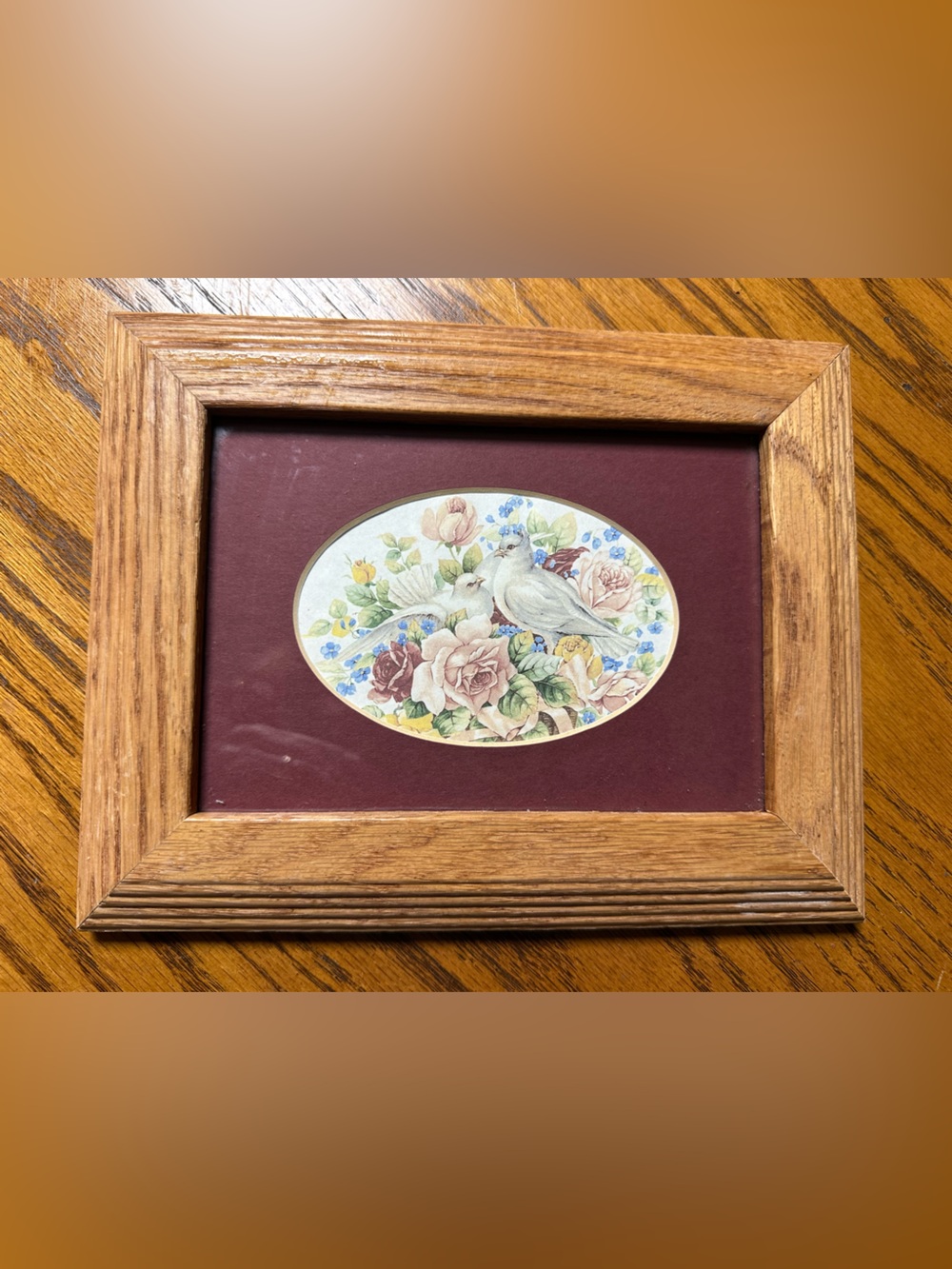 Oak Framed Floral & Dove Print in Oval Mat 7x9”